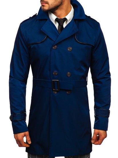 Bolf Herren Mantel Trenchcoat Zweireihig mit Stehkragen und Gürtel Blau  0001