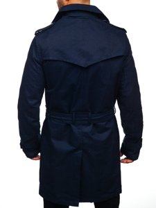 Bolf Herren Zweireihiger Mantel Trenchcoat mit Stehkragen und Gürtel Dunkelblau  5569